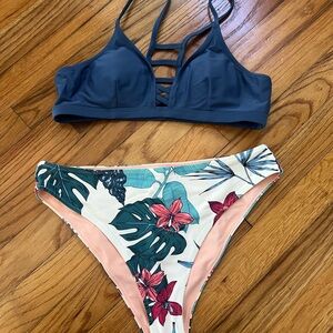 Floral Print Bikini Set - Blue and Multicolor